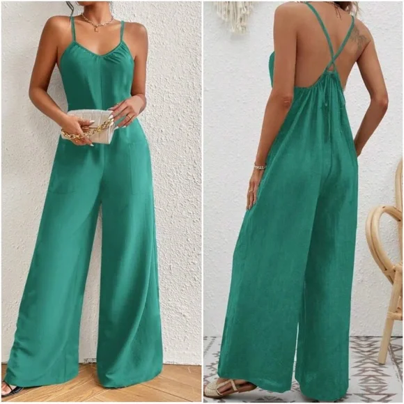 Solid Navy Blue Criss cross Tie Pockets Wide leg Jumpsuit - Picture 4 of 9